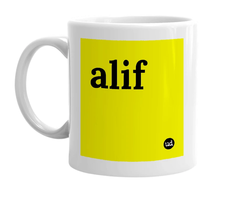 White mug with 'alif' in bold black letters