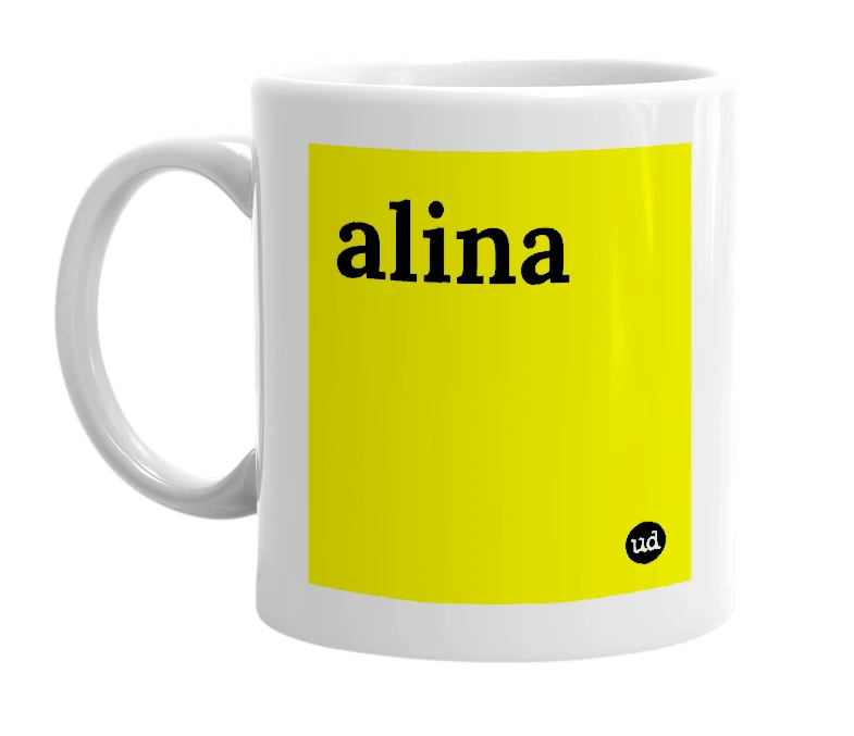 White mug with 'alina' in bold black letters