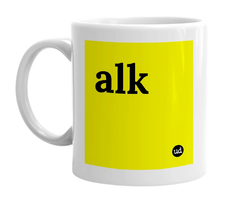 White mug with 'alk' in bold black letters