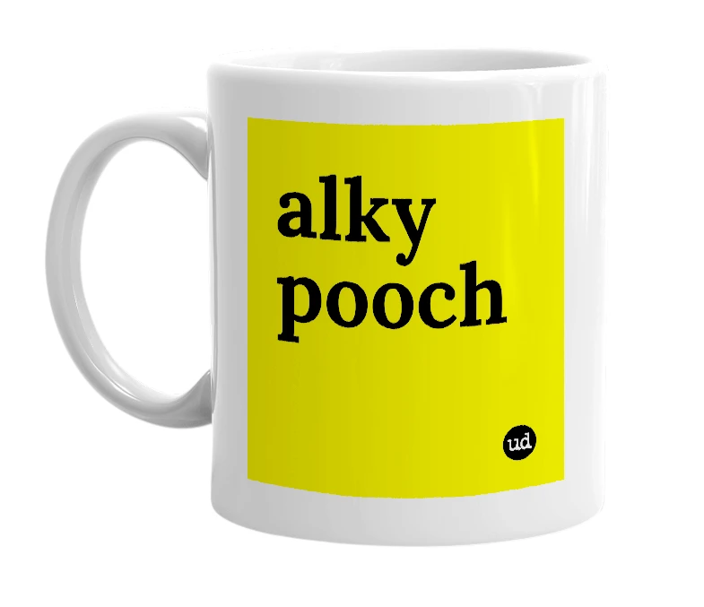 White mug with 'alky pooch' in bold black letters