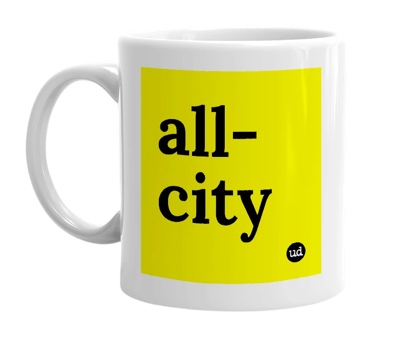 White mug with 'all-city' in bold black letters