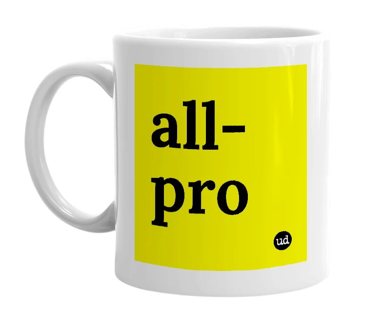 White mug with 'all-pro' in bold black letters