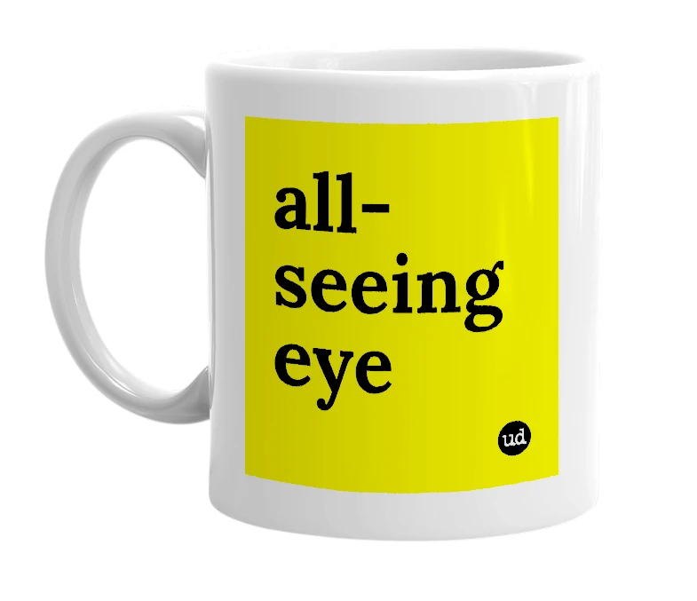 White mug with 'all-seeing eye' in bold black letters