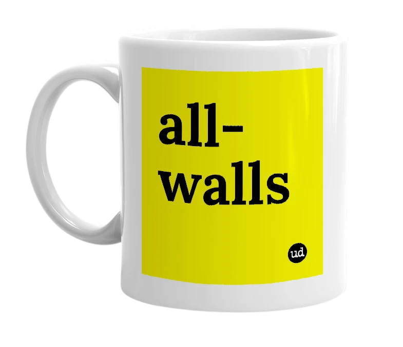 White mug with 'all-walls' in bold black letters