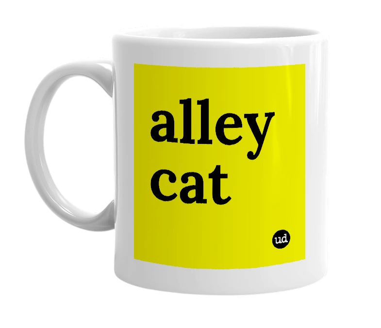 White mug with 'alley cat' in bold black letters