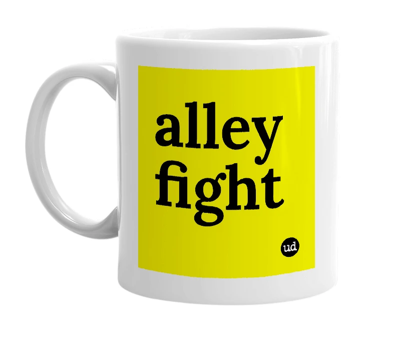 White mug with 'alley fight' in bold black letters