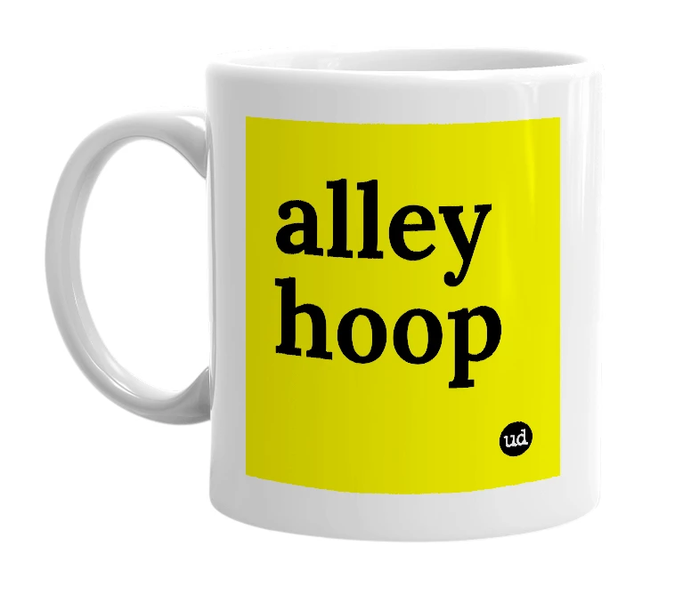 White mug with 'alley hoop' in bold black letters