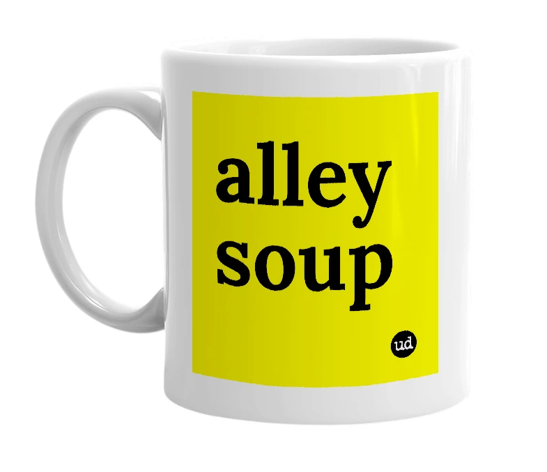 White mug with 'alley soup' in bold black letters