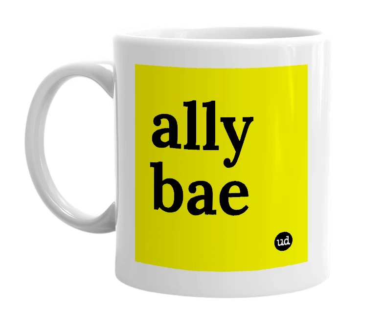 White mug with 'ally bae' in bold black letters