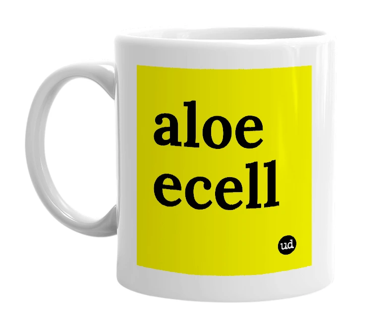 White mug with 'aloe ecell' in bold black letters