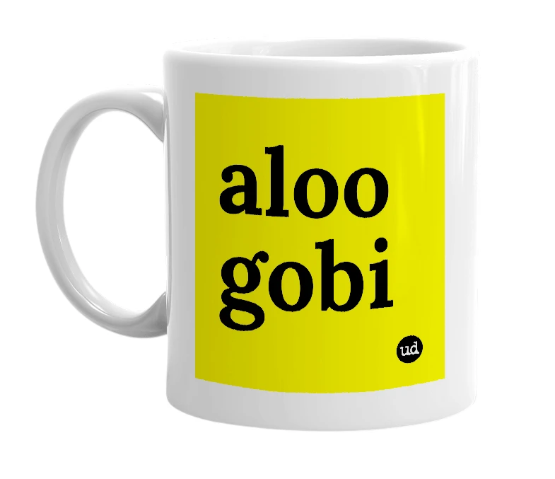 White mug with 'aloo gobi' in bold black letters