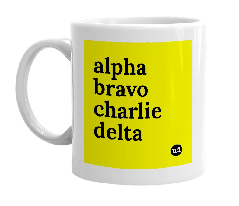 White mug with 'alpha bravo charlie delta' in bold black letters