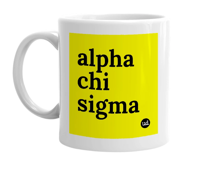 White mug with 'alpha chi sigma' in bold black letters