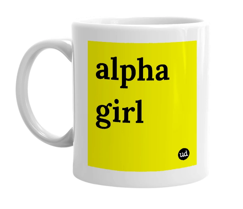 White mug with 'alpha girl' in bold black letters