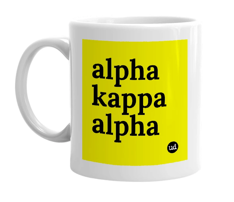 White mug with 'alpha kappa alpha' in bold black letters