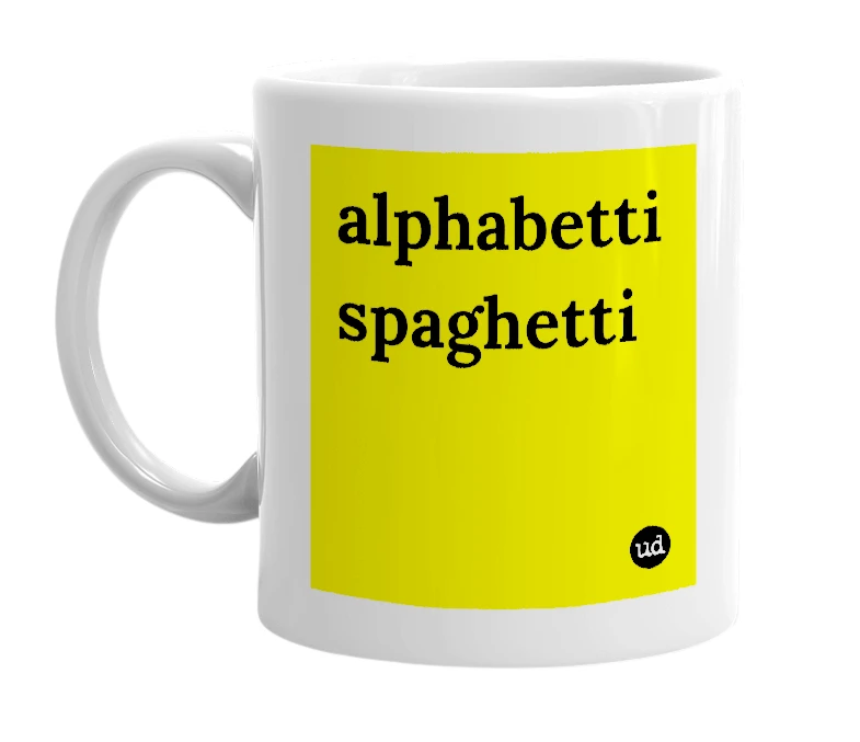 White mug with 'alphabetti spaghetti' in bold black letters