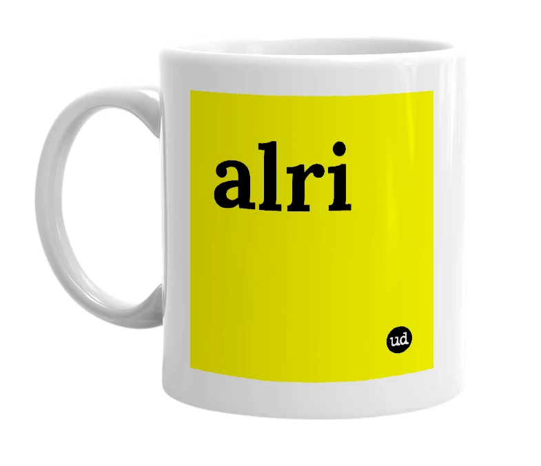 White mug with 'alri' in bold black letters