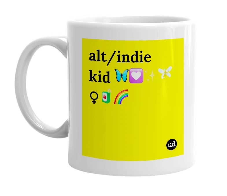 White mug with 'alt/indie kid 🦋💟✨🧚 ♀️🧃🌈' in bold black letters