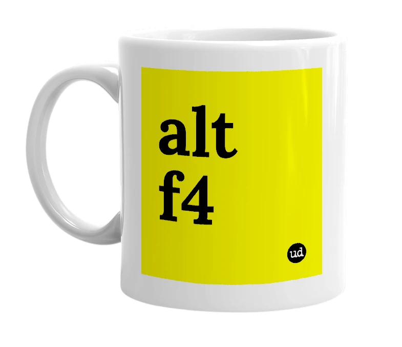 White mug with 'alt f4' in bold black letters