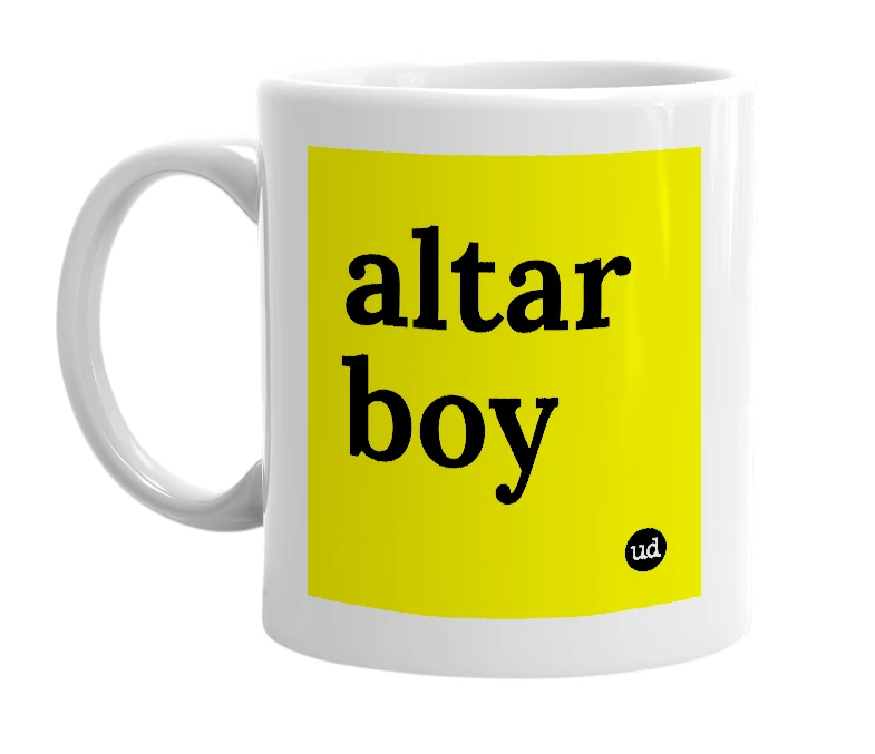 White mug with 'altar boy' in bold black letters