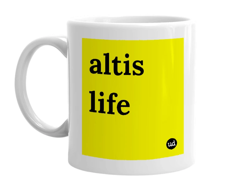 White mug with 'altis life' in bold black letters
