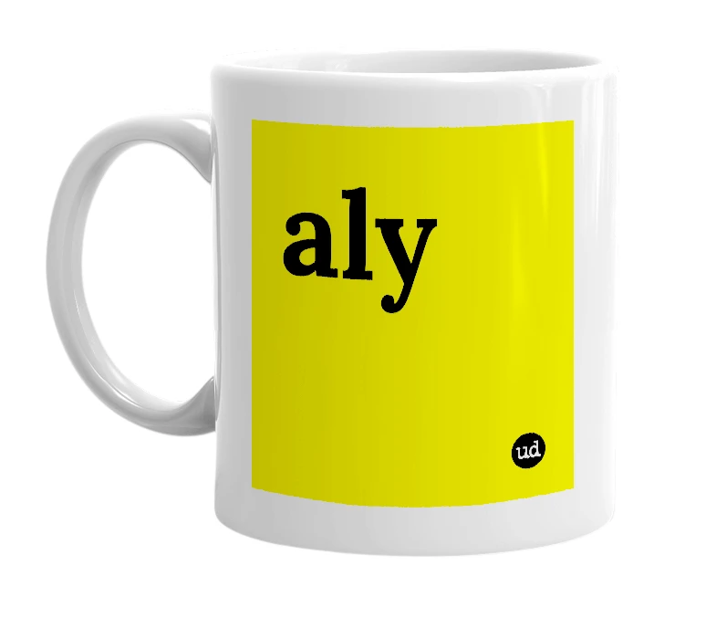 White mug with 'aly' in bold black letters