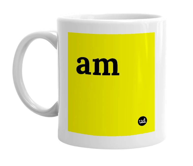 White mug with 'am' in bold black letters
