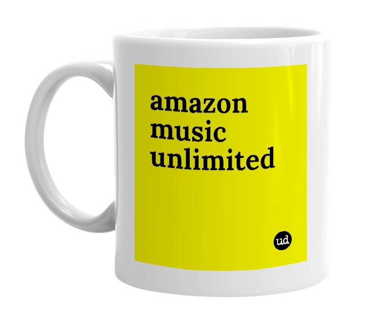 White mug with 'amazon music unlimited' in bold black letters