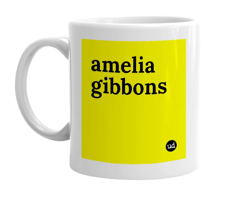 White mug with 'amelia gibbons' in bold black letters