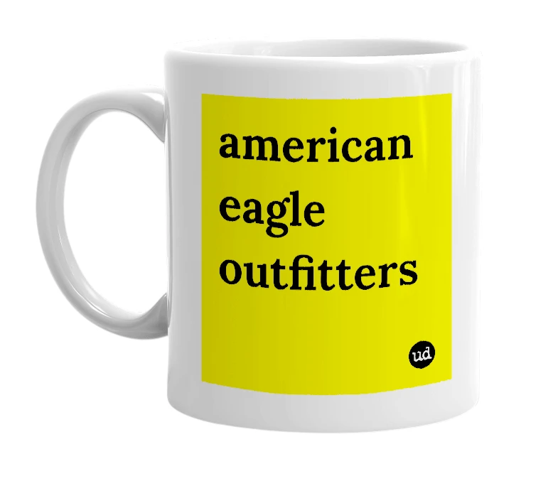 White mug with 'american eagle outfitters' in bold black letters