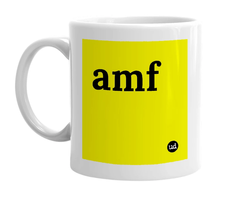 White mug with 'amf' in bold black letters