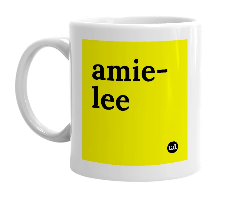 White mug with 'amie-lee' in bold black letters