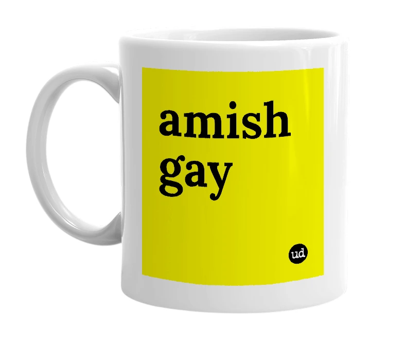 White mug with 'amish gay' in bold black letters