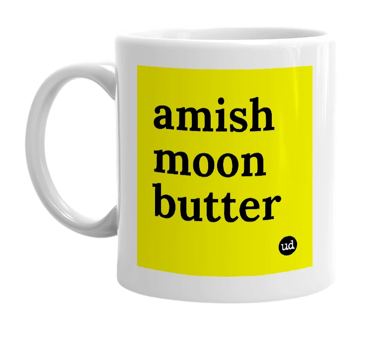 White mug with 'amish moon butter' in bold black letters