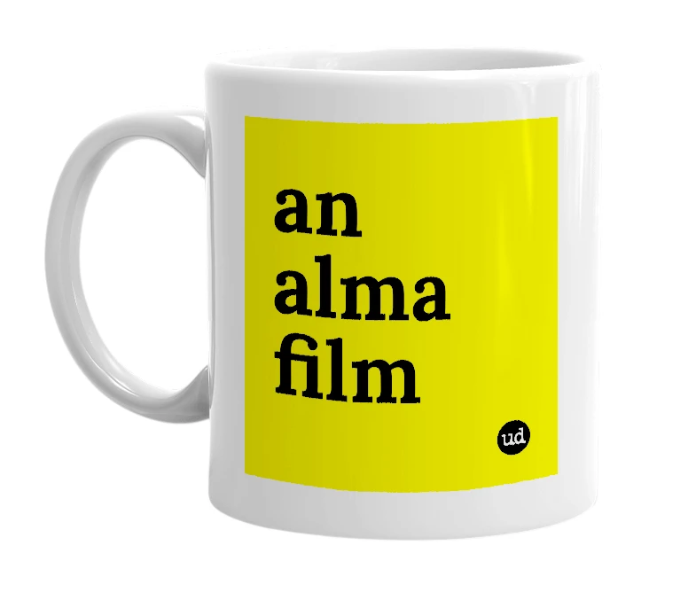 White mug with 'an alma film' in bold black letters