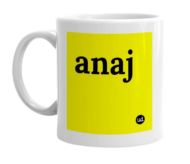 White mug with 'anaj' in bold black letters