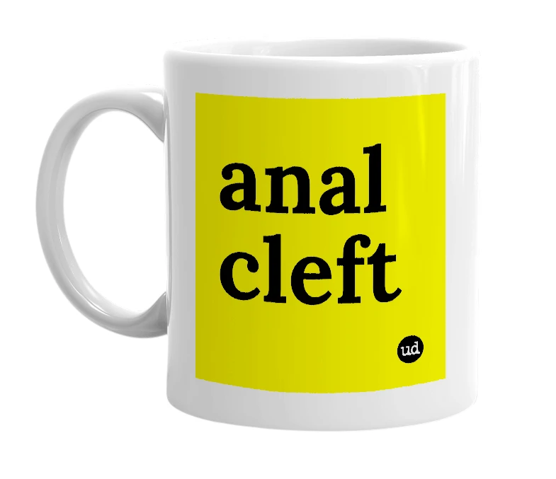 White mug with 'anal cleft' in bold black letters