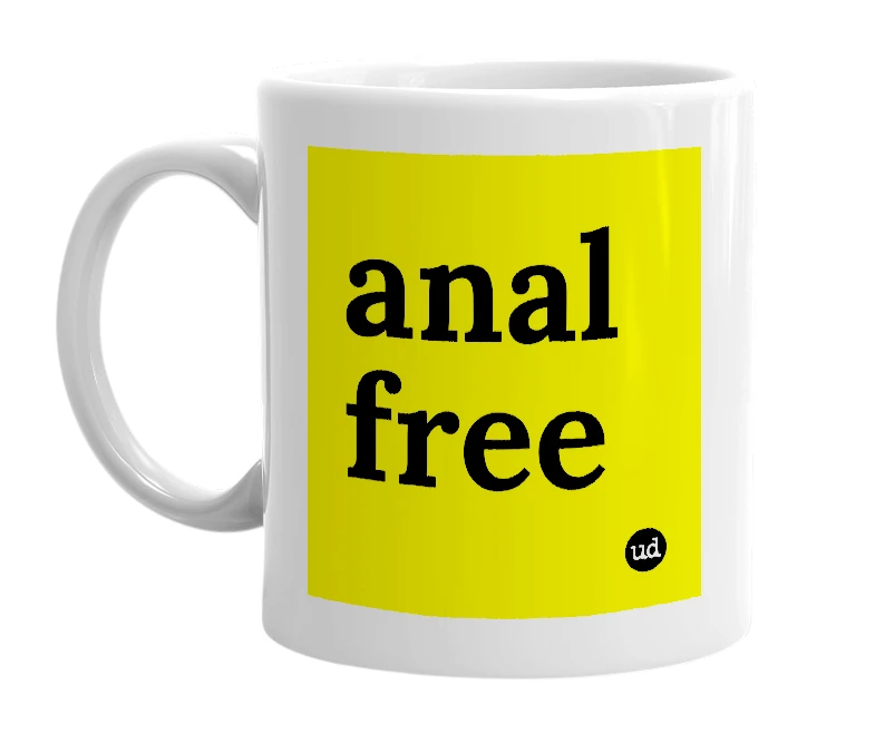 White mug with 'anal free' in bold black letters
