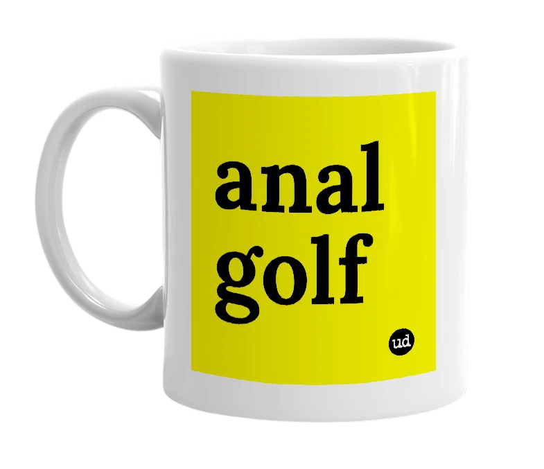 White mug with 'anal golf' in bold black letters