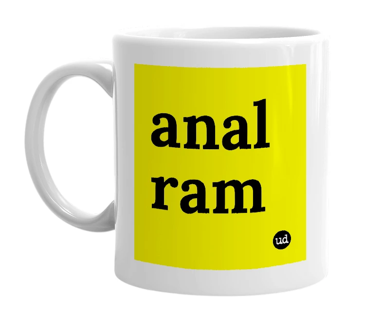 White mug with 'anal ram' in bold black letters