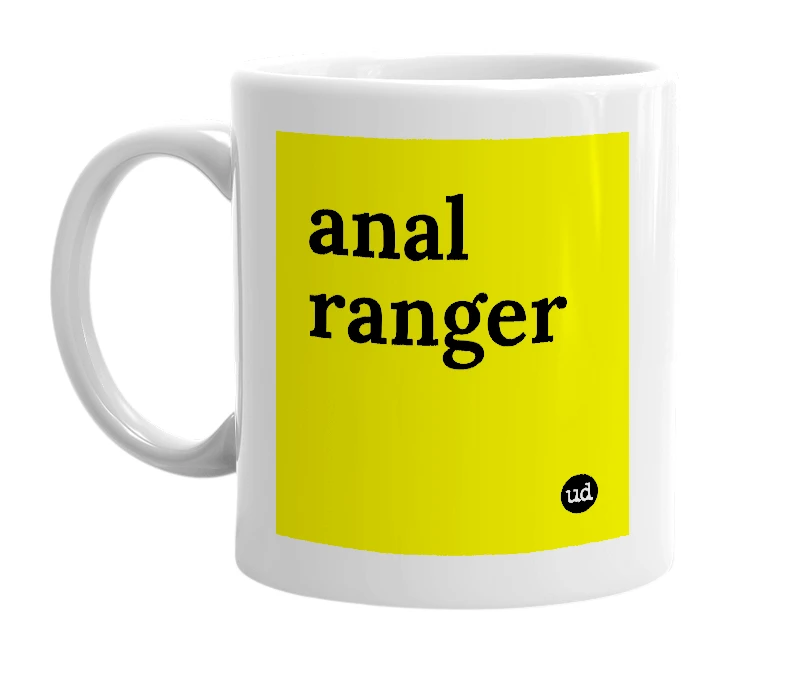 White mug with 'anal ranger' in bold black letters