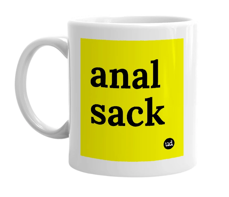 White mug with 'anal sack' in bold black letters