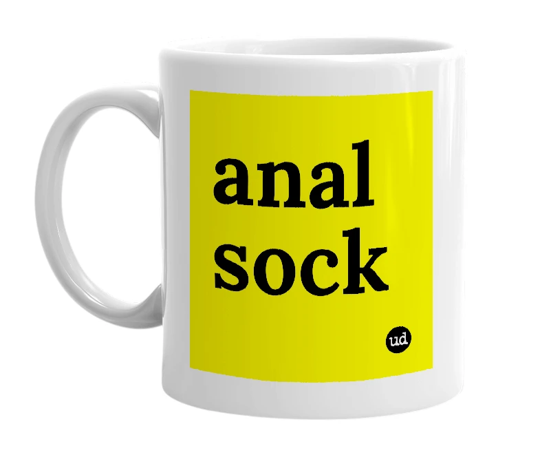 White mug with 'anal sock' in bold black letters