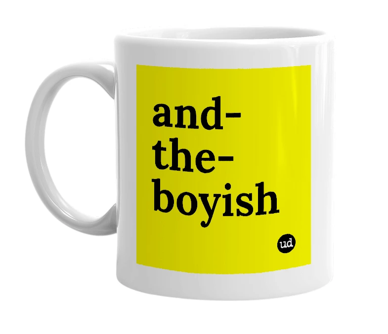 White mug with 'and-the-boyish' in bold black letters