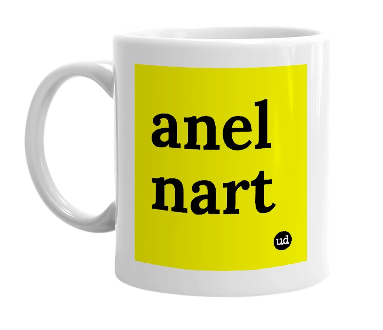 White mug with 'anel nart' in bold black letters