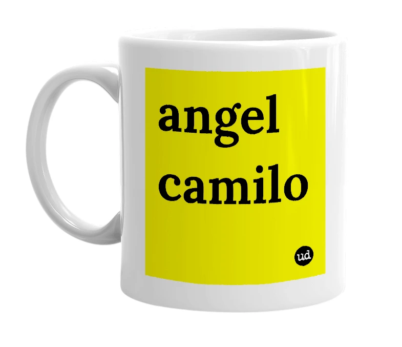 White mug with 'angel camilo' in bold black letters