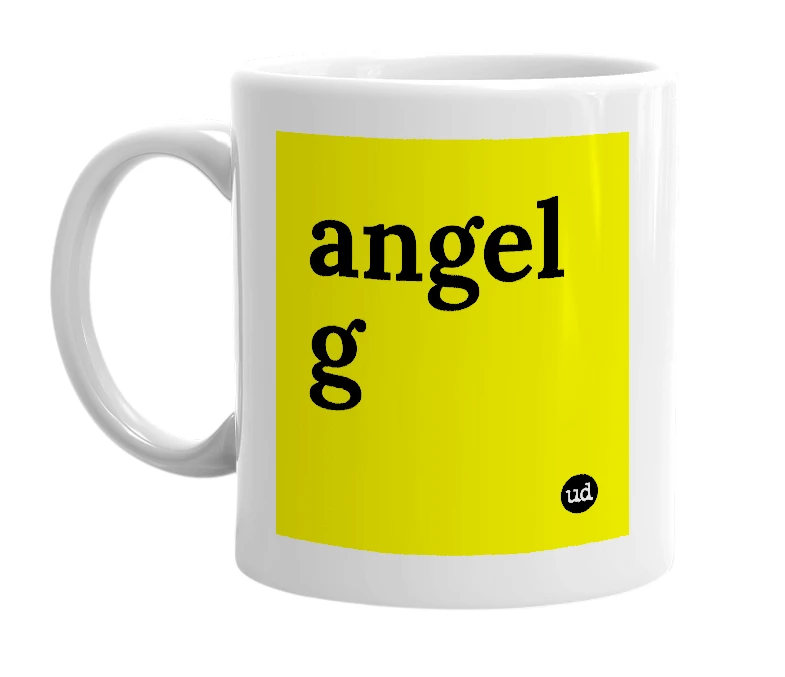 White mug with 'angel g' in bold black letters