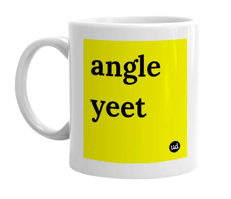 White mug with 'angle yeet' in bold black letters