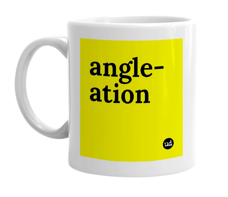 White mug with 'angle-ation' in bold black letters