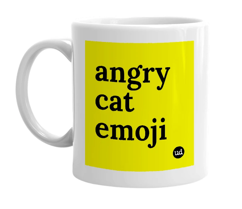 White mug with 'angry cat emoji' in bold black letters